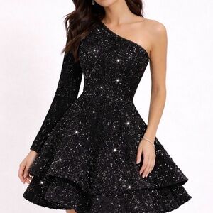 Black Sequin One-Shoulder Party Dress | RSOETOO Sparkly Holiday Formal (NWOT)